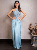 Sea Green Zardosi Drape Gown