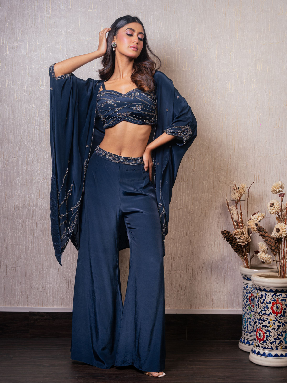 Navy Blue Metallic Hand Work Indo Western