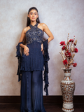 Navy Blue Halter Neck Peplum Sharara