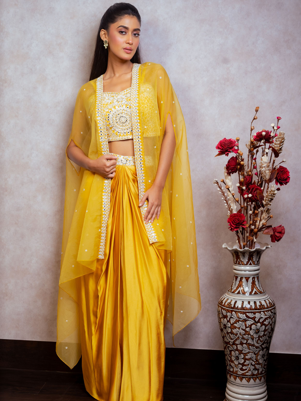 Mustard Pearl and Mirror Indo Western