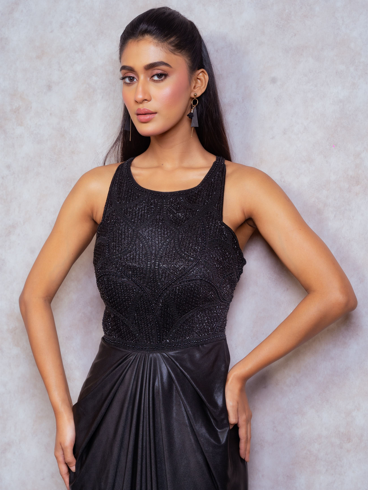 Black Hand Worked Beads Evening Gown
