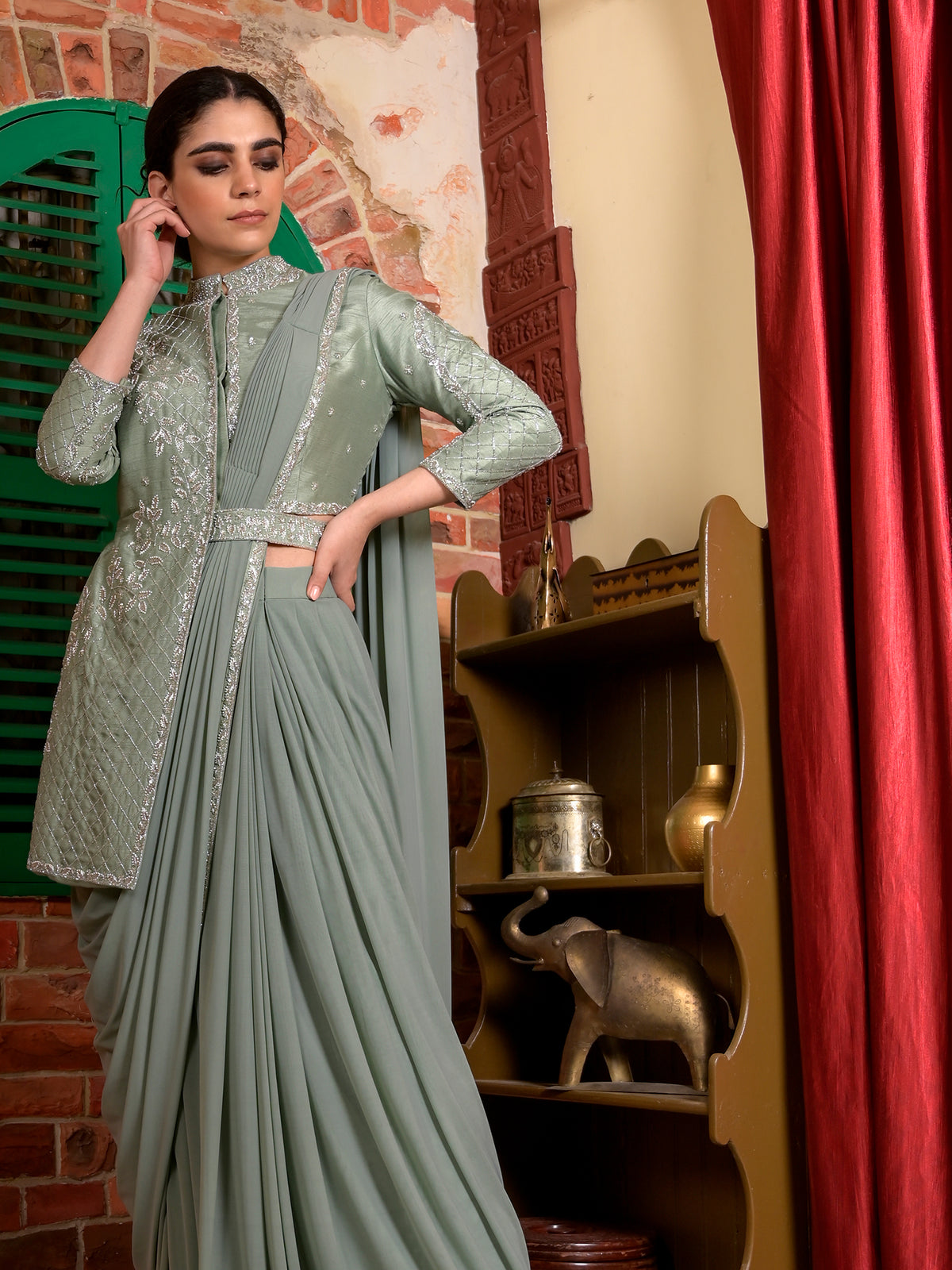 Silver Cutdana Jacket Blouse Stitched Saree