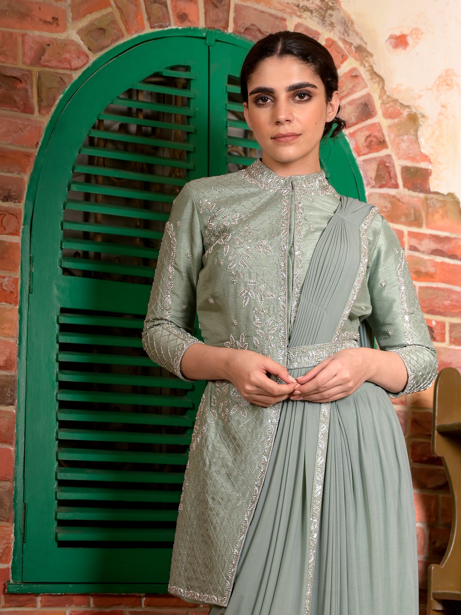 Silver Cutdana Jacket Blouse Stitched Saree