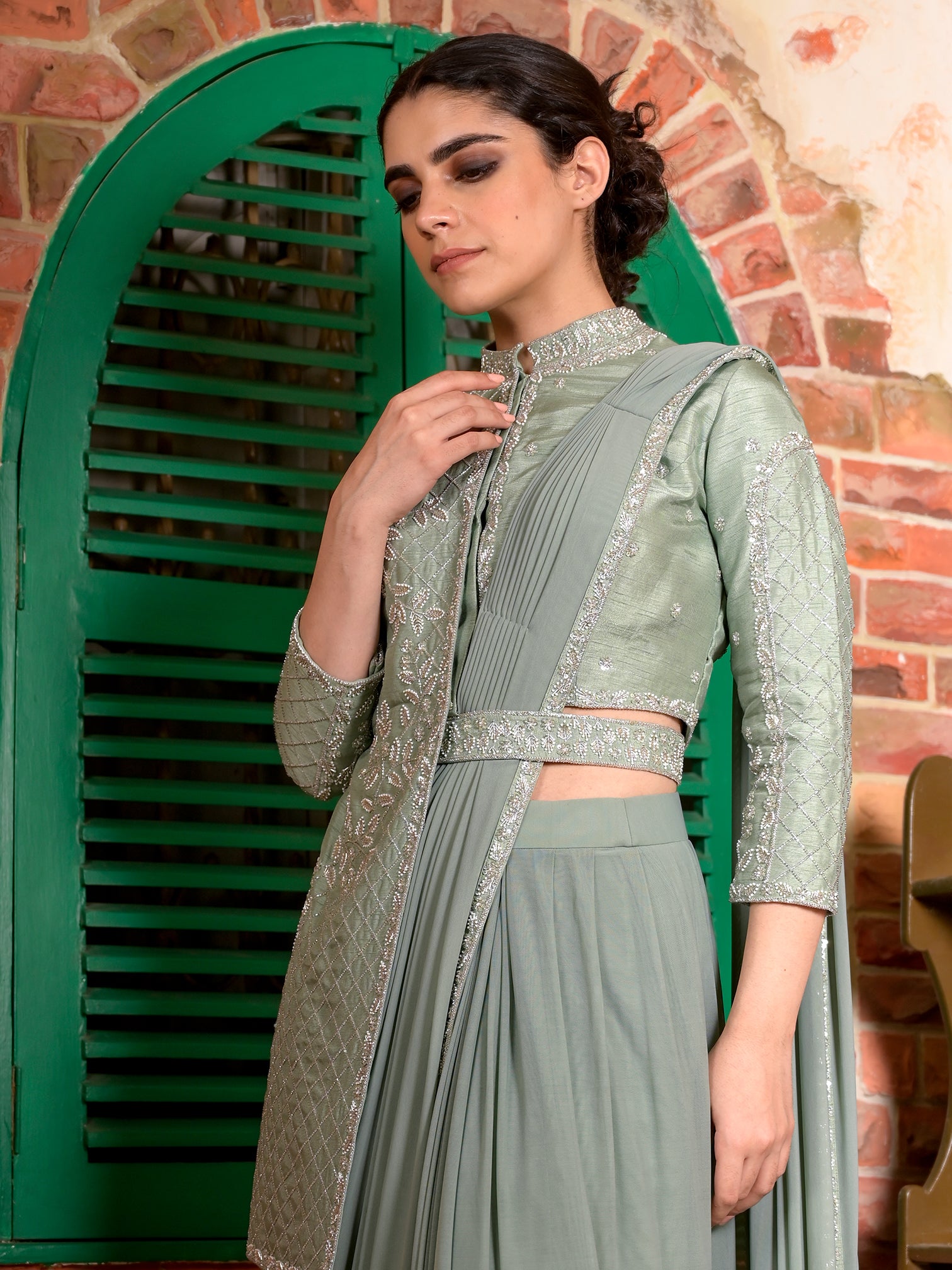 Silver Cutdana Jacket Blouse Stitched Saree