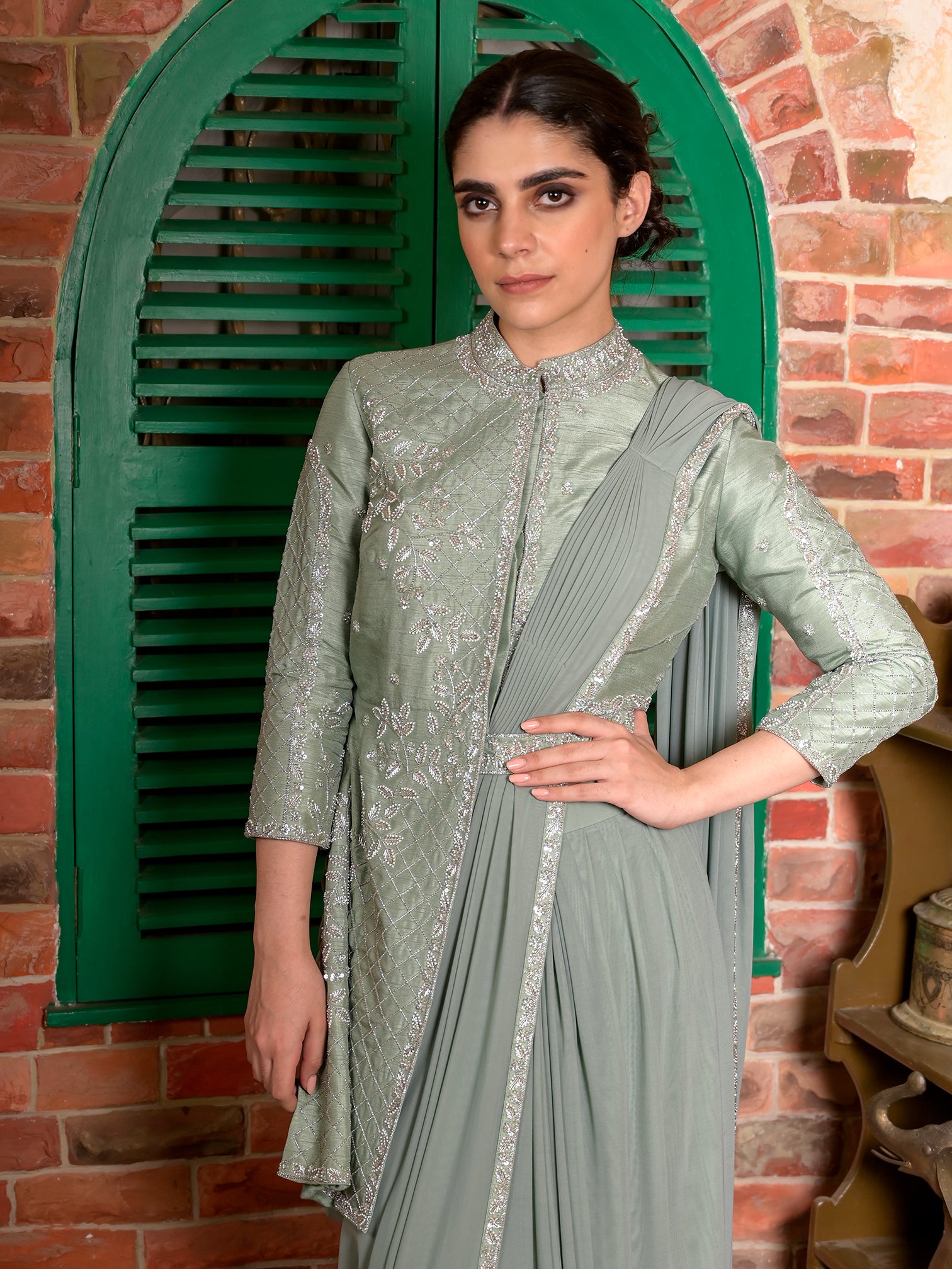 Silver Cutdana Jacket Blouse Stitched Saree