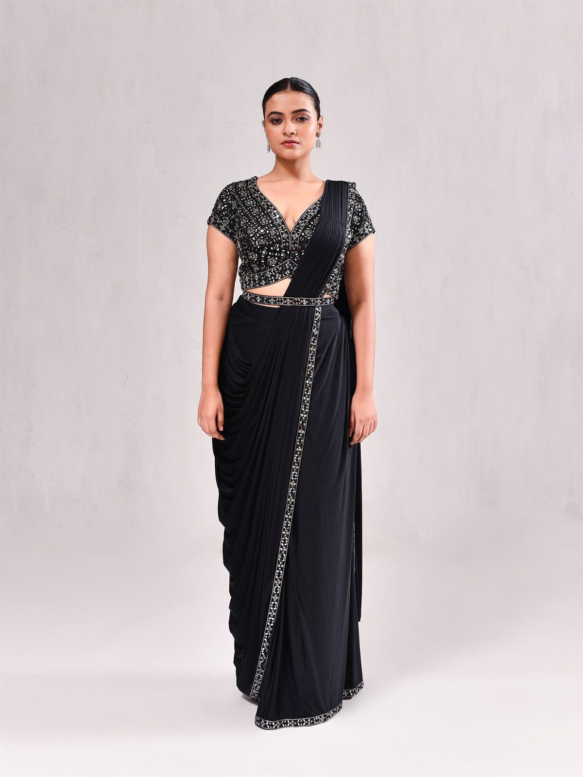 Mirror Plunge Neck Stitched Saree