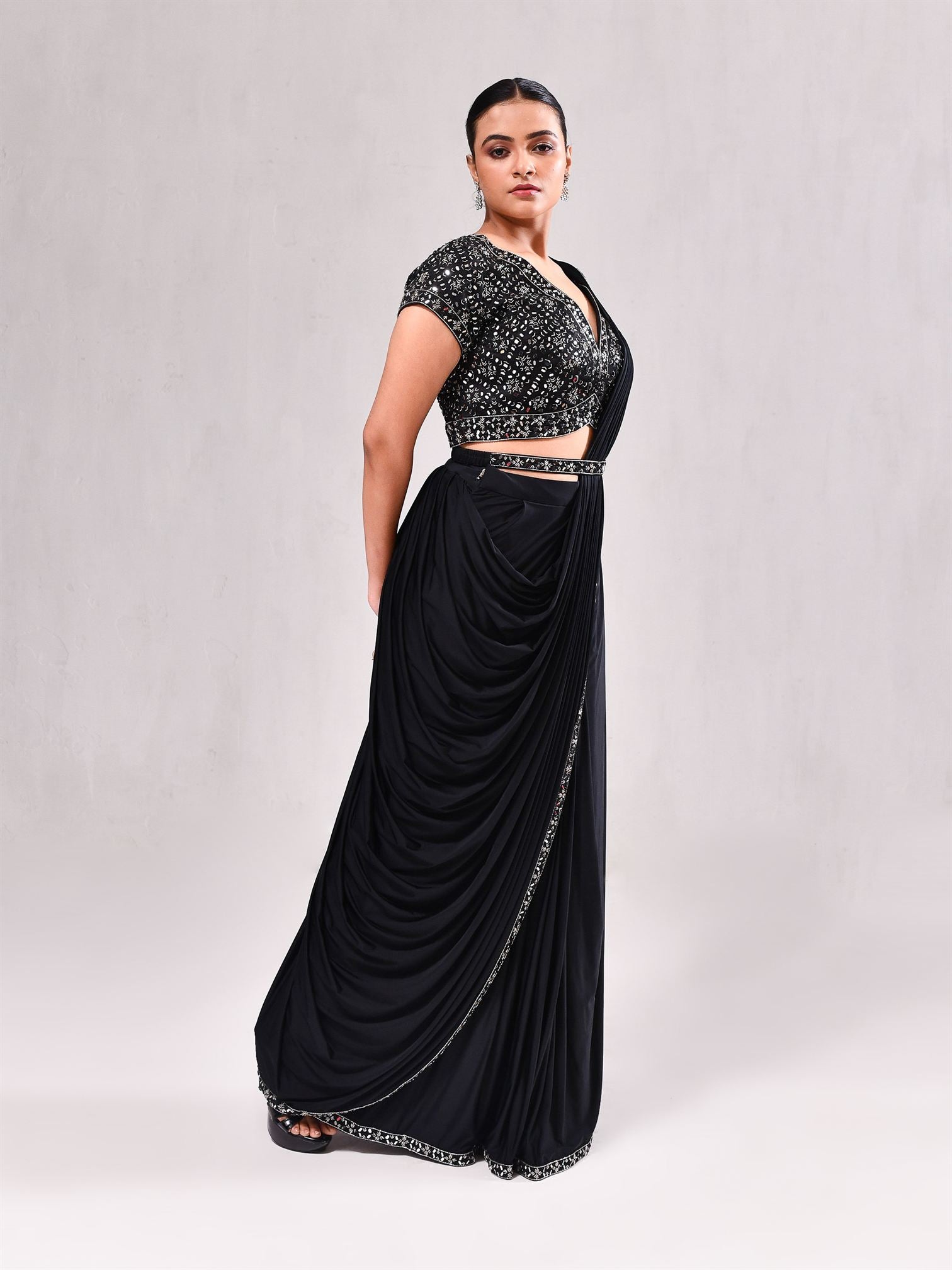 Mirror Plunge Neck Stitched Saree