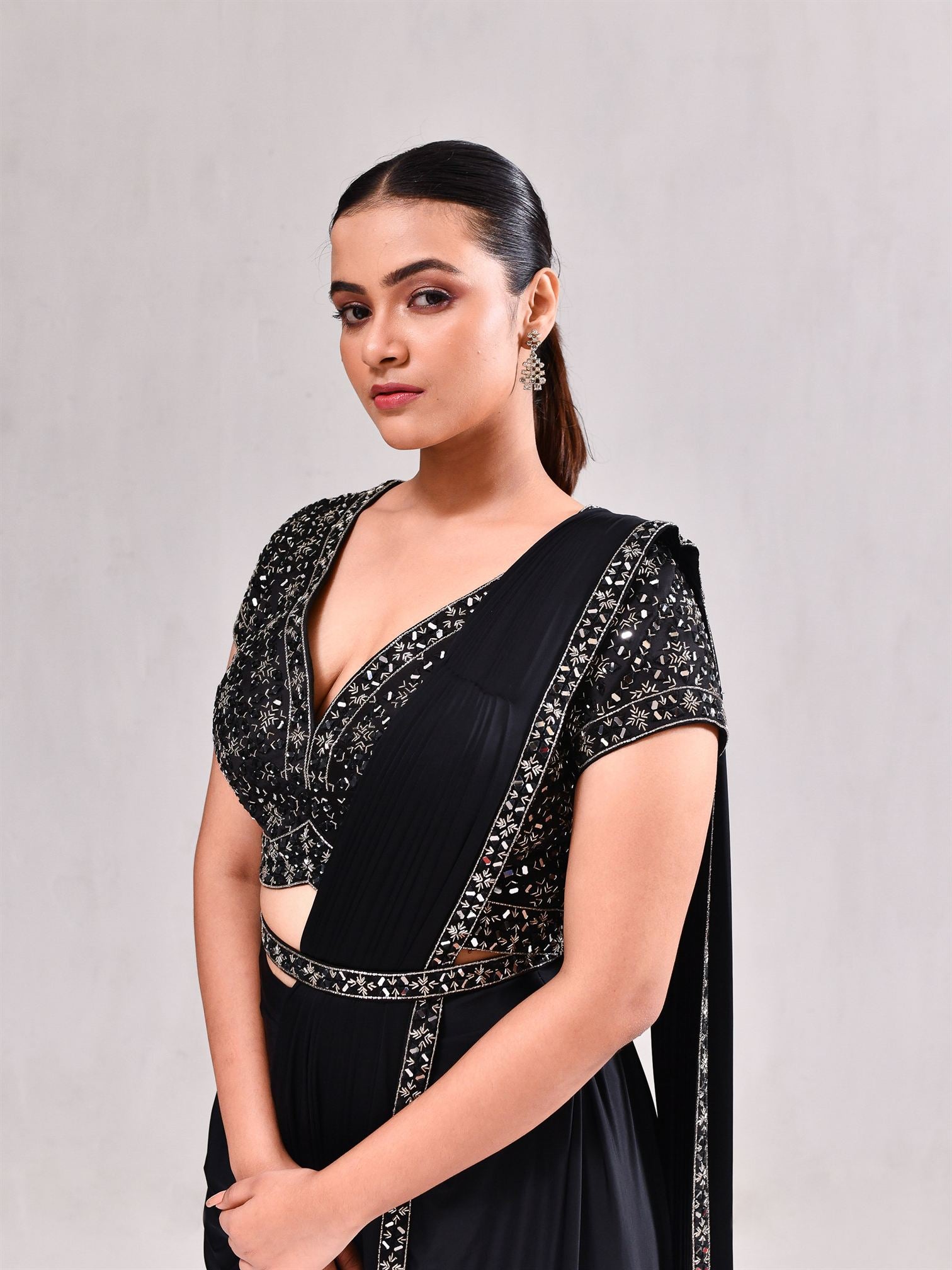 Mirror Plunge Neck Stitched Saree