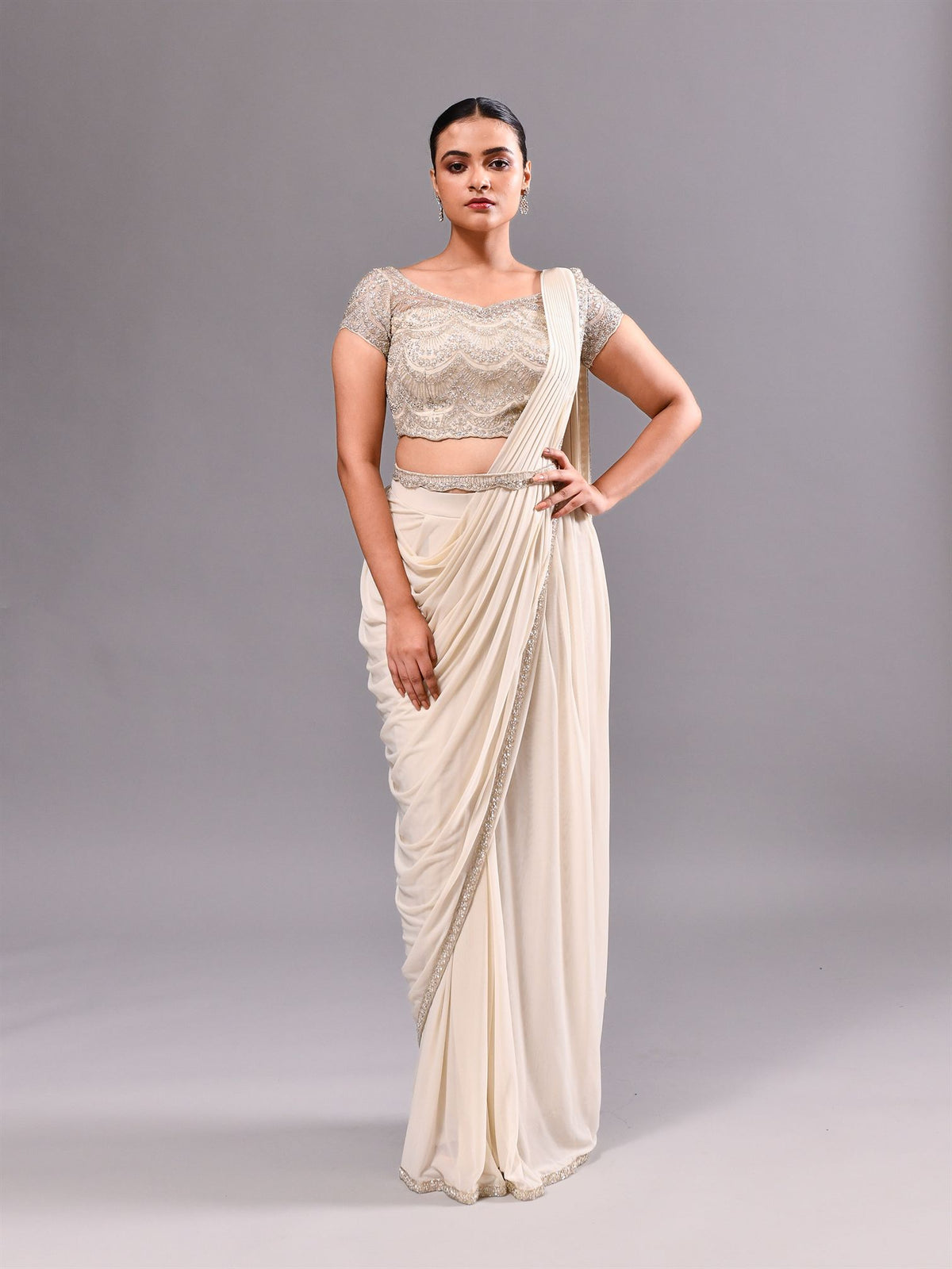 Cutdana Pearl Scallop Sheer Stitched Saree
