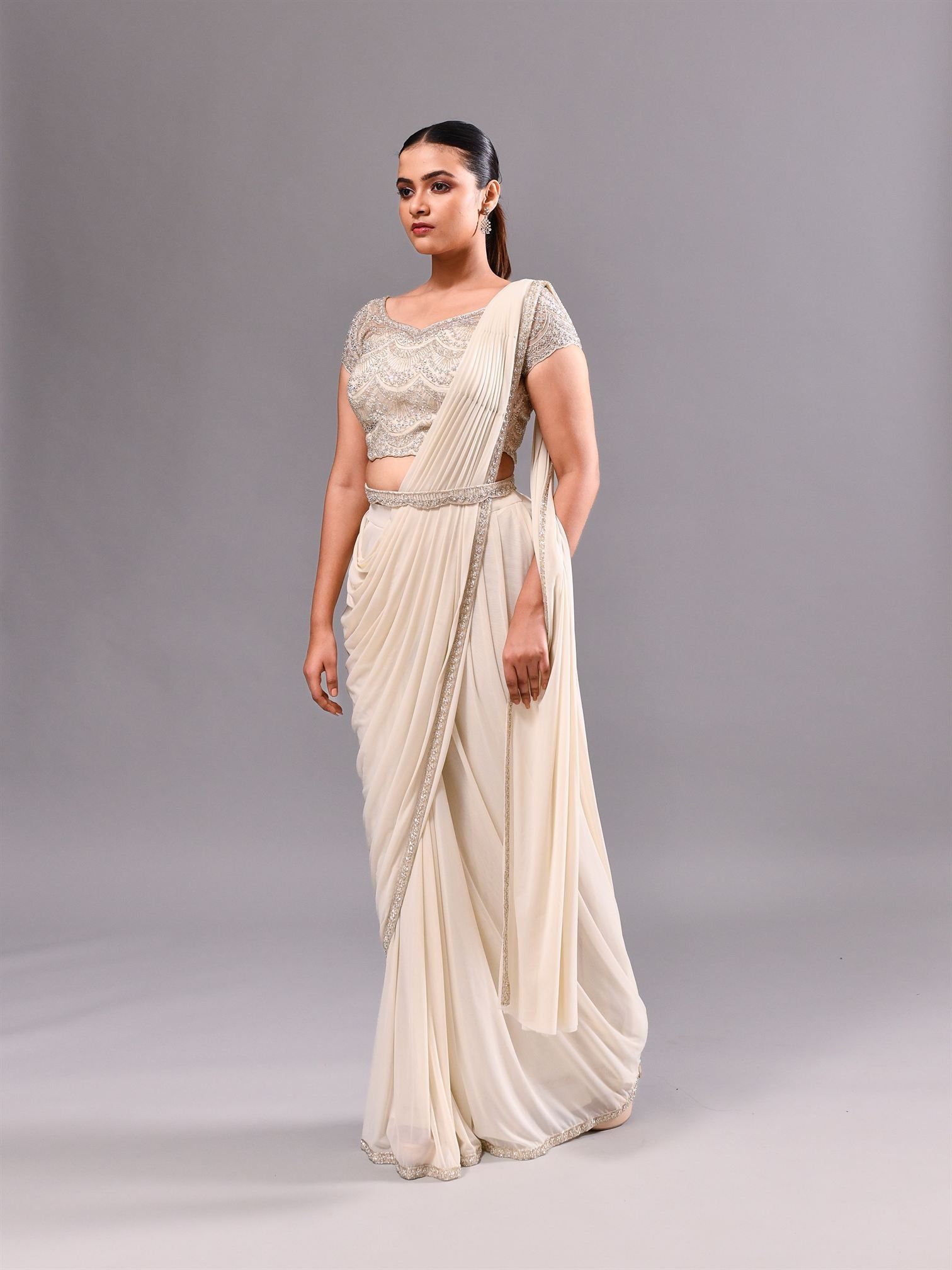 Cutdana Pearl Scallop Sheer Stitched Saree