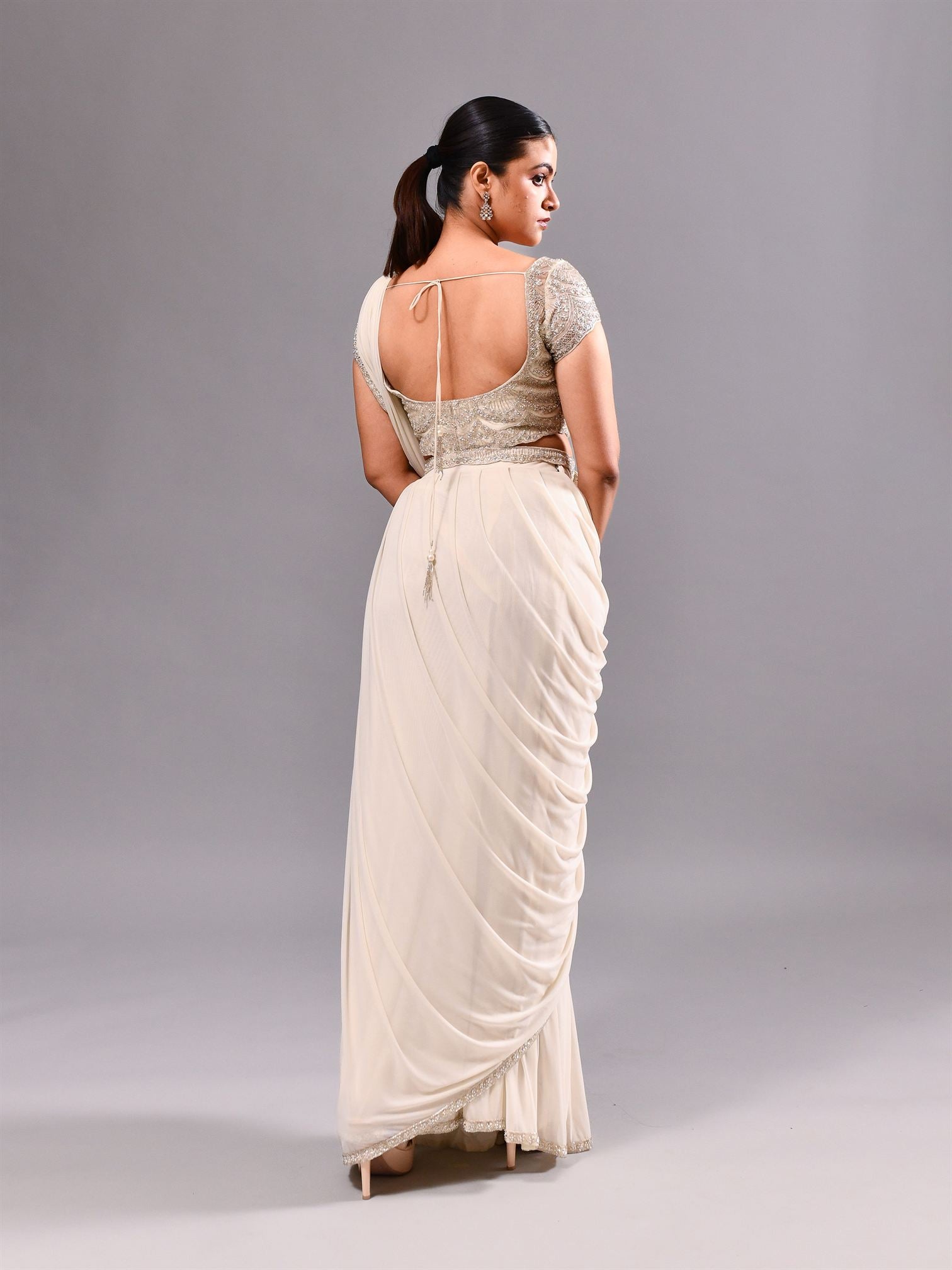 Cutdana Pearl Scallop Sheer Stitched Saree