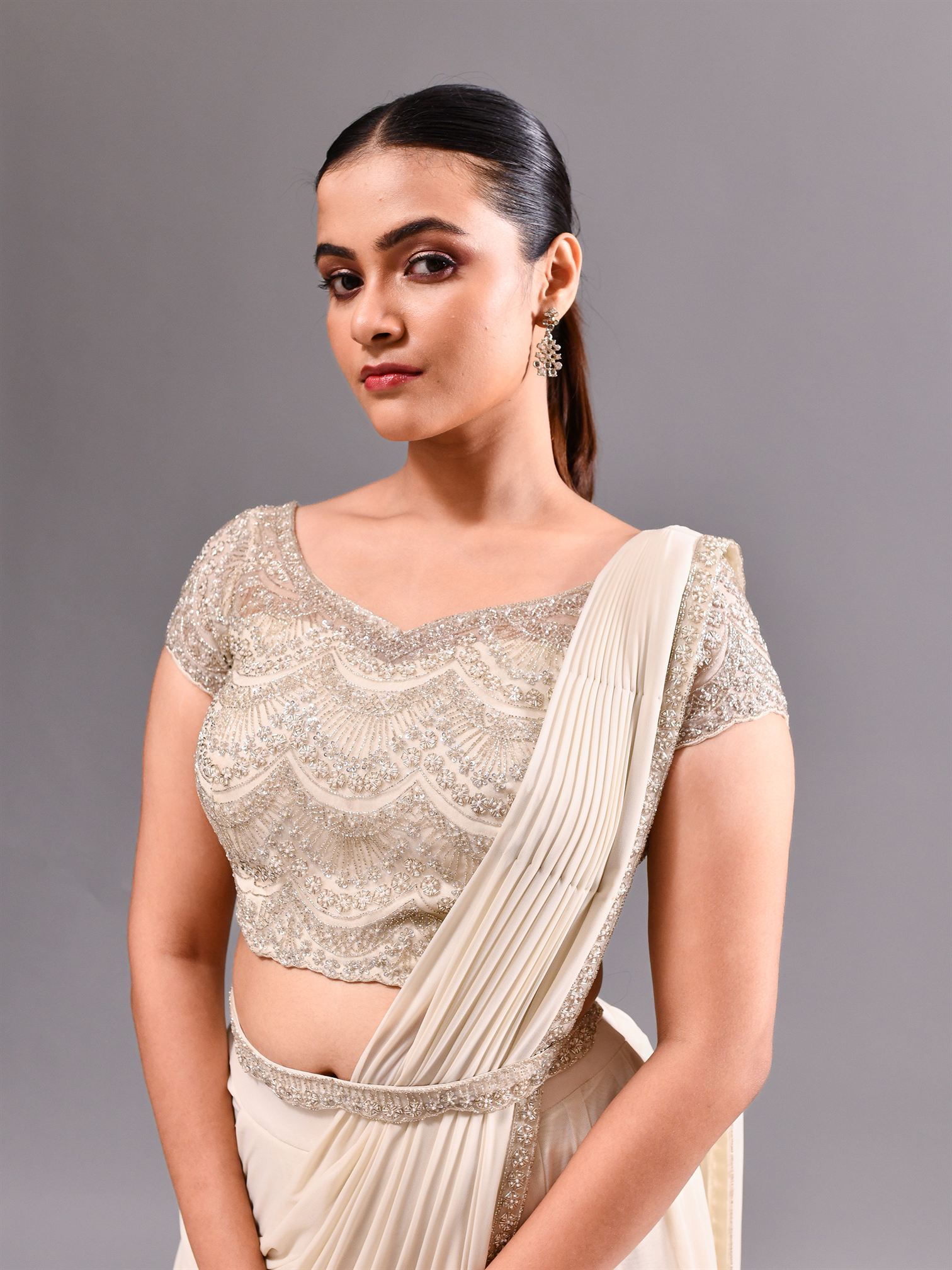Cutdana Pearl Scallop Sheer Stitched Saree