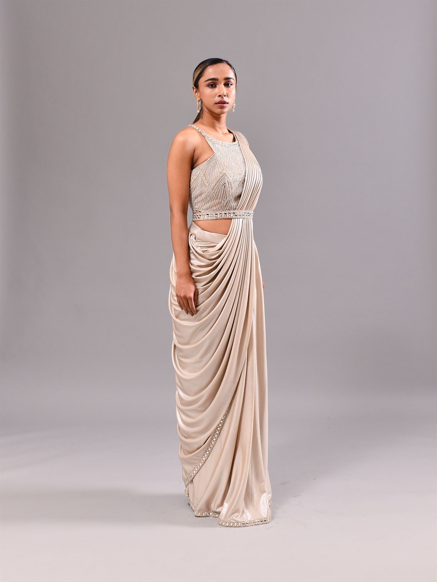 Mirror Grecian Neck Stitched Saree
