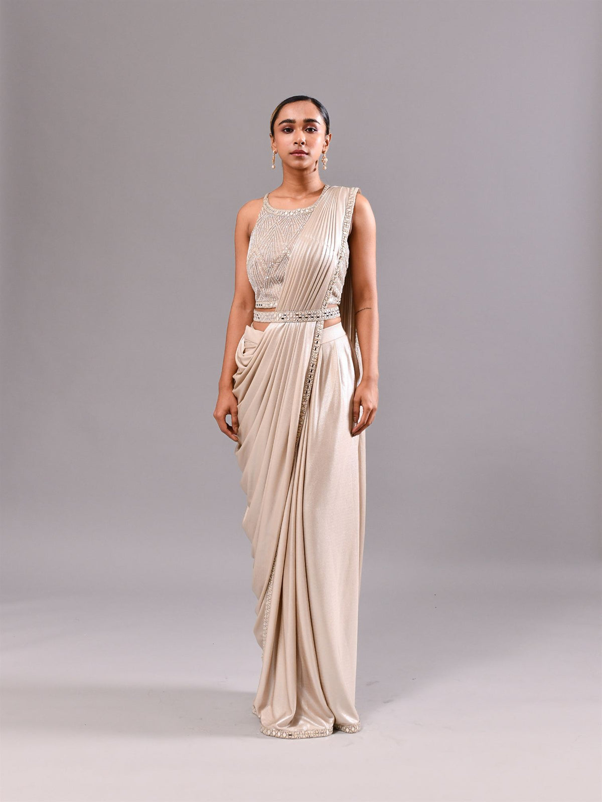 Mirror Grecian Neck Stitched Saree