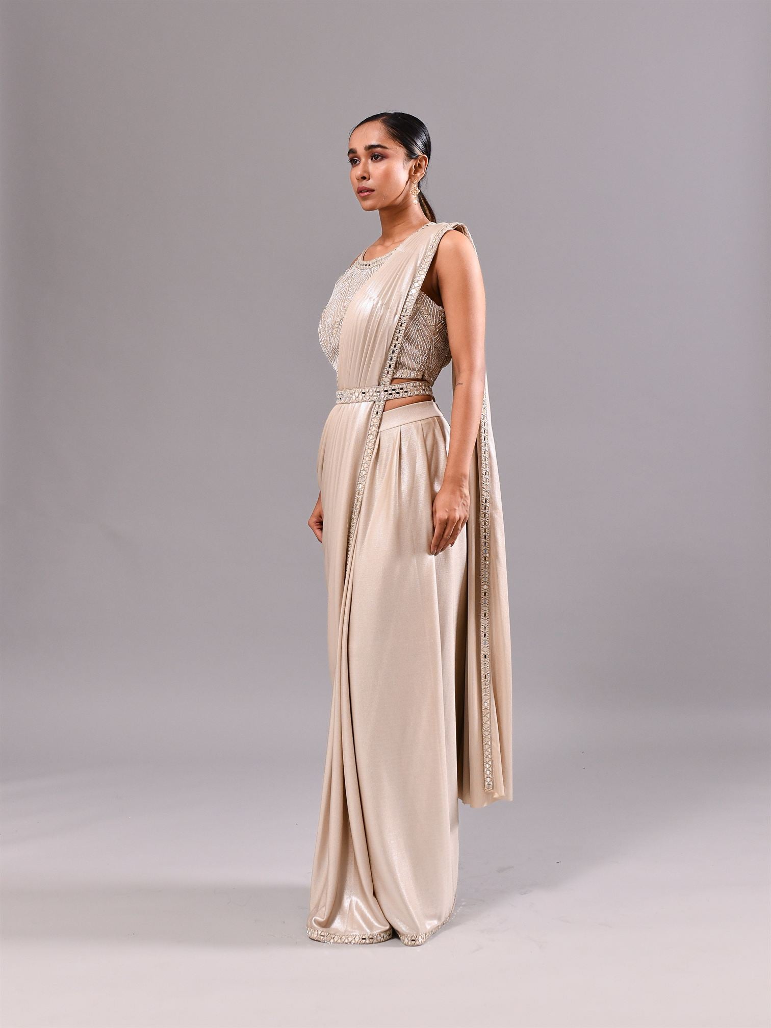 Mirror Grecian Neck Stitched Saree