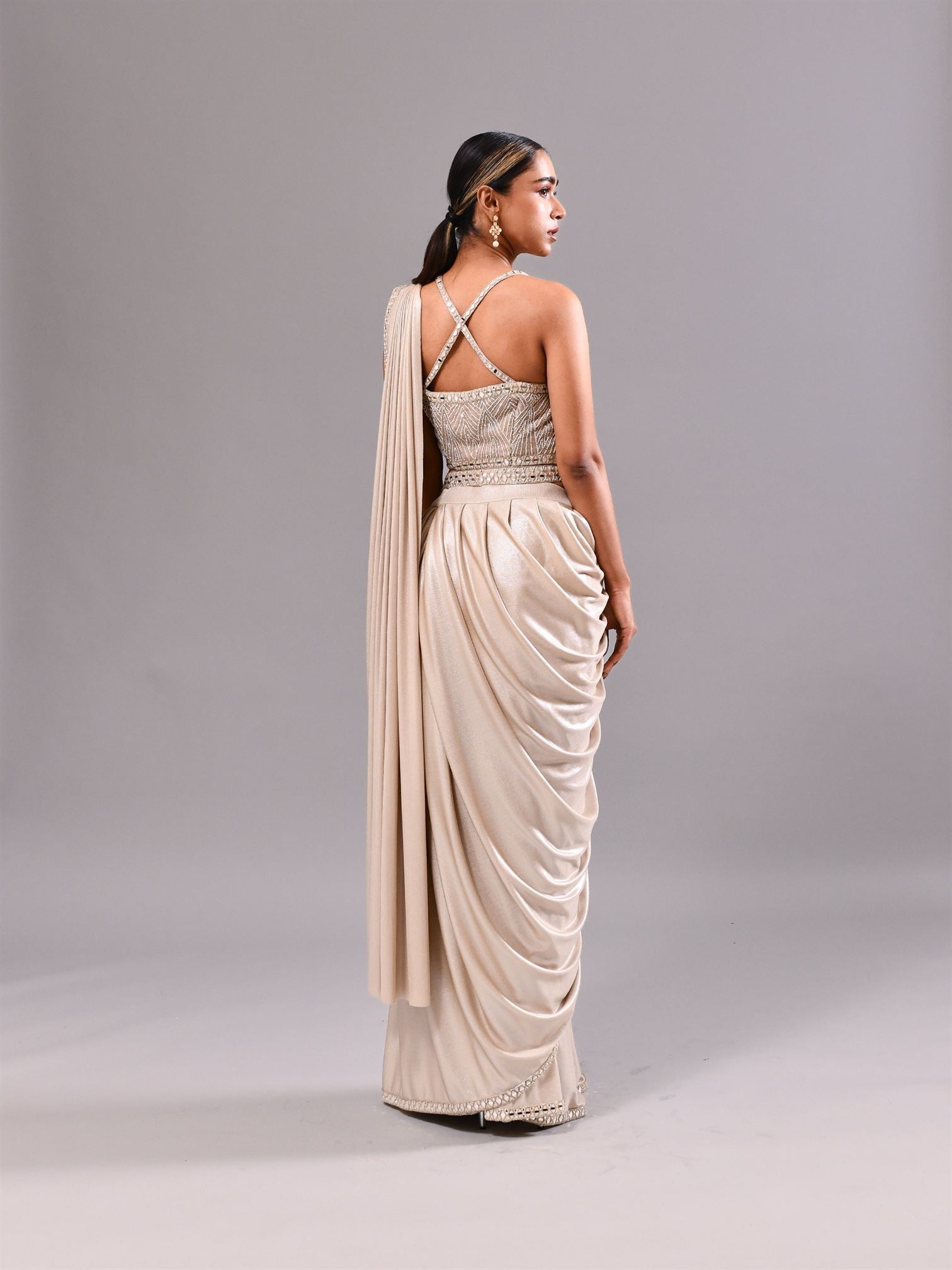 Mirror Grecian Neck Stitched Saree