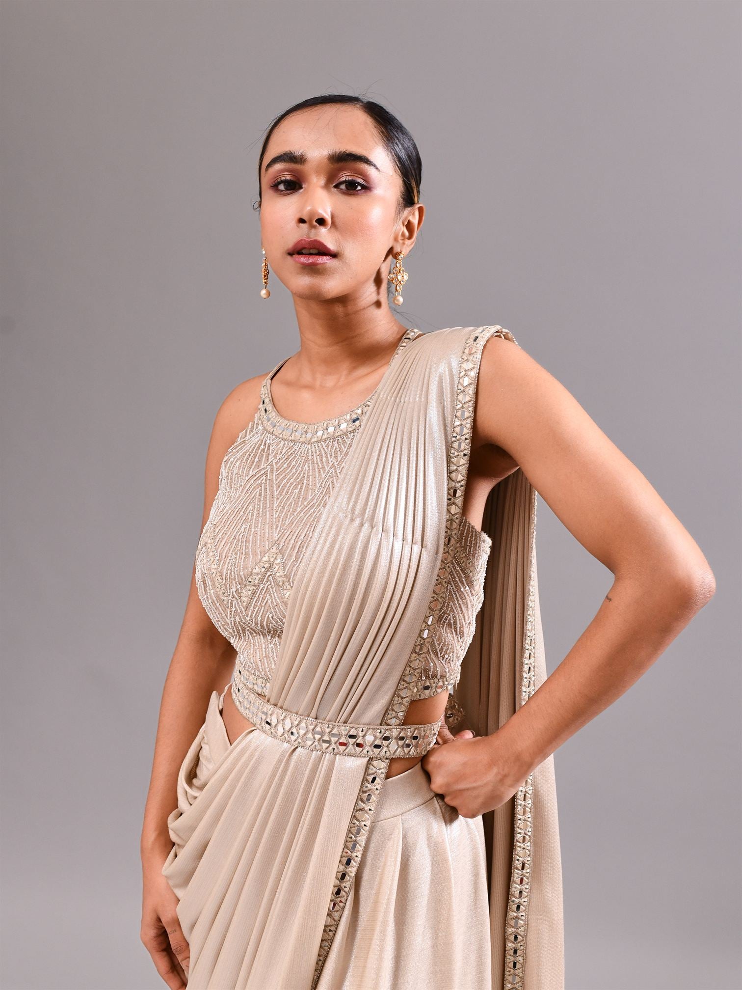 Mirror Grecian Neck Stitched Saree