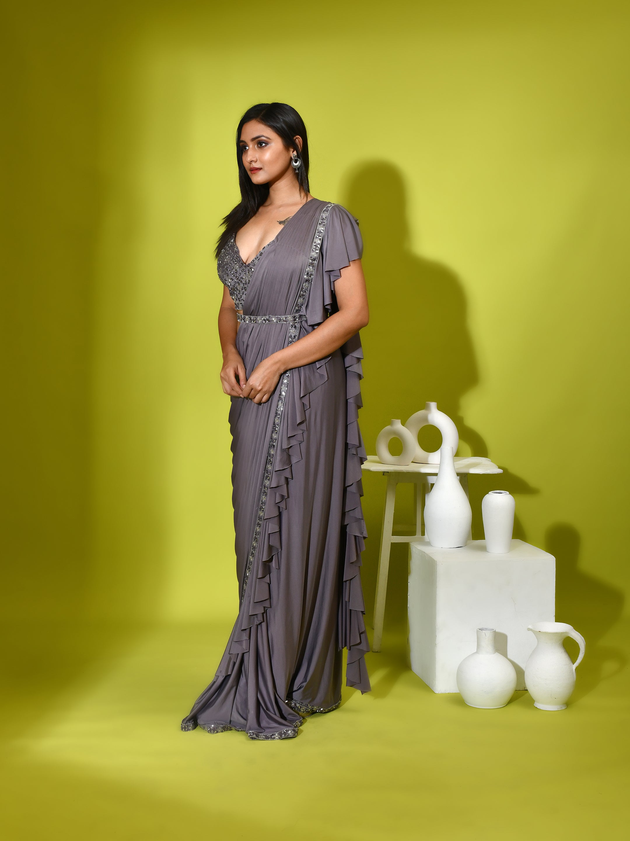 Mirror Ruffled Ready Stitched Saree