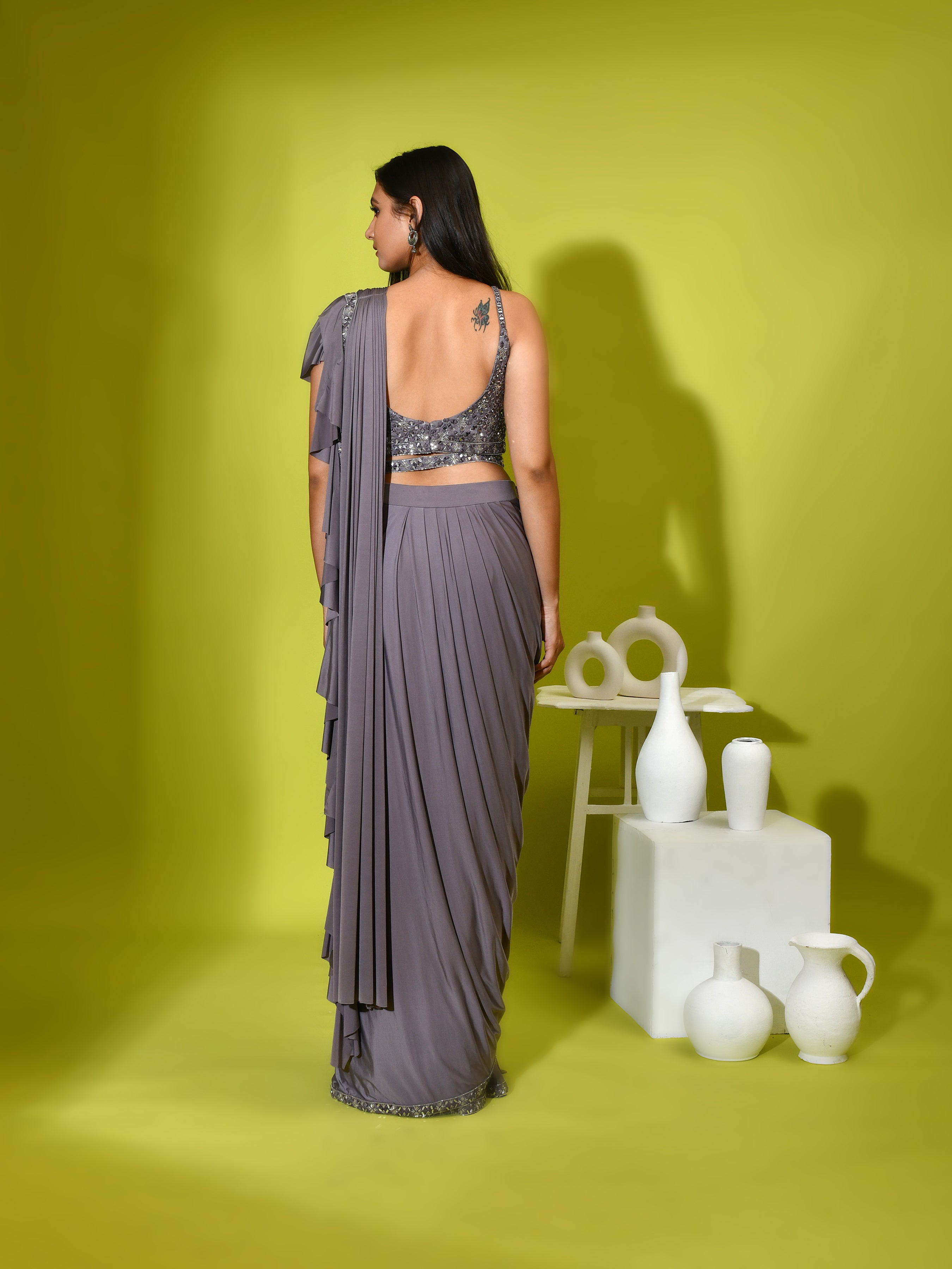 Mirror Ruffled Ready Stitched Saree